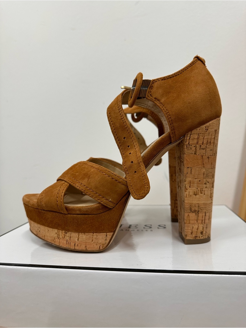 Guess Tan Suede Cork Platform Sandal